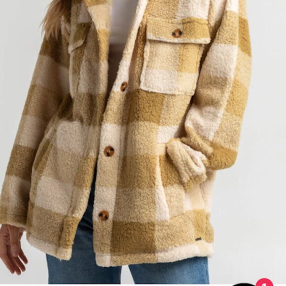 Billabong Fairbanks Fleece Jacket, Plaid Cream and Tan, Size XS - Picture 1 of 8